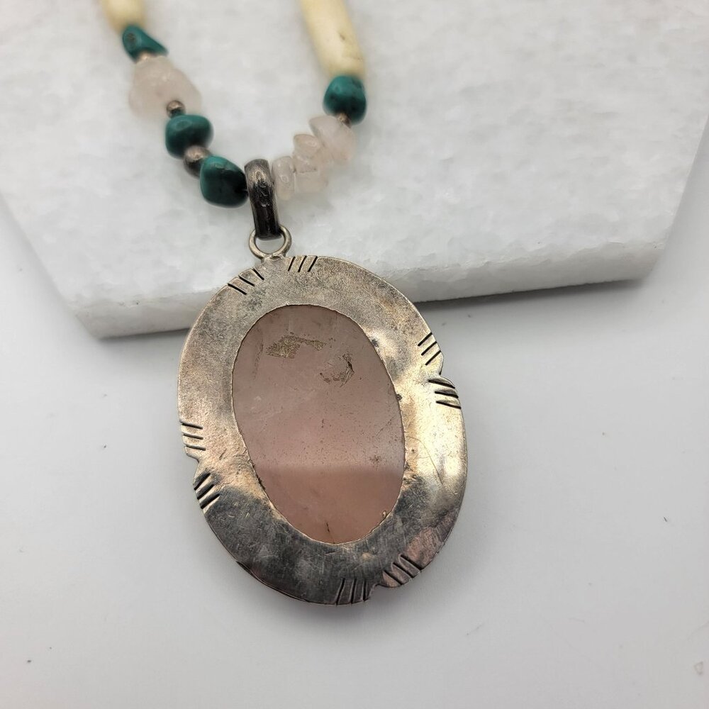 Navajo 925 Sterling Silver Rose Quartz Turquoise Bone Necklace - Picture 3 of 5
